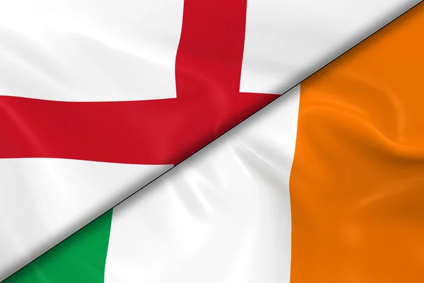 Vlaggen van Engeland en Ierland verdeeld diagonaal-3D render van de Engelse vlag en Ierse vlag met zijdeachtige textuur — Stockfoto