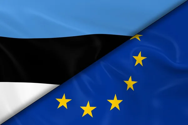 Bandiere dell'Estonia e dell'Unione europea Divise Diagonalmente - Render 3D della bandiera estone e Bandiera UE con texture setosa — Foto Stock