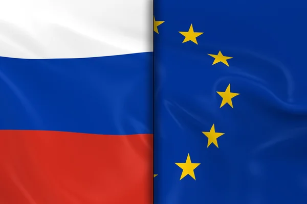 Lijst van vlaggen van Rusland en de Europese Unie-splitsing onderaan de middelste - 3d Render van de Russische vlag en de vlag van de Eu met zijdeachtige textuur — Stockfoto