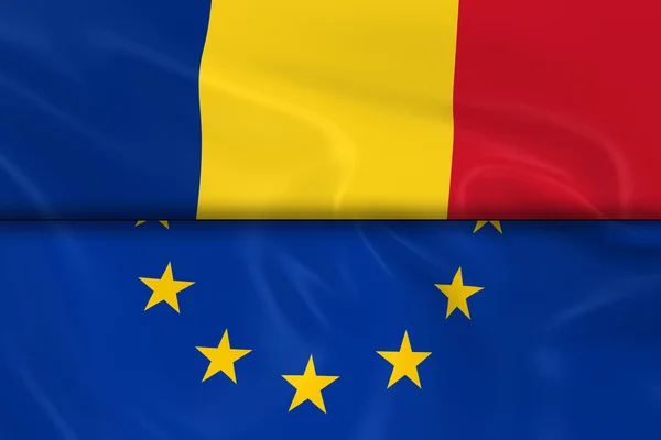 Bandiere della Romania e dell'Unione europea Spalato a metà - Render 3D della bandiera rumena e bandiera UE con texture setosa — Foto Stock