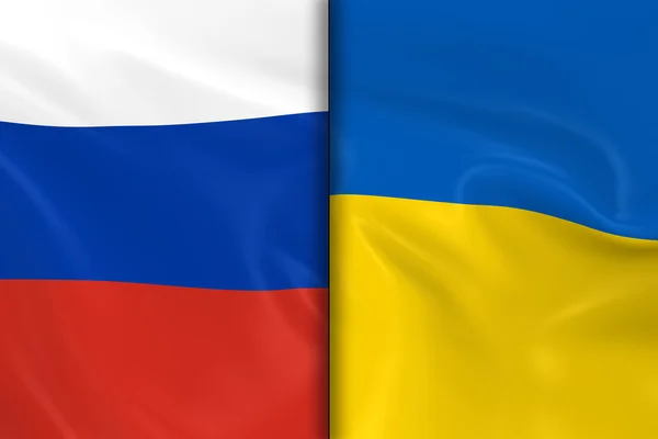 Flaggor i Ryssland och Ukraina dela upp mitten-3D Render av den ryska flaggan och ukrainska flagga med silkeslen konsistens — Stockfoto