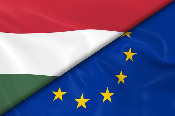 Vlaggen van Hongarije en de Europese Unie verdeeld diagonaal-3D renderen van de Hongaarse vlag en de EU-vlag met zijdeachtige textuur — Stockfoto