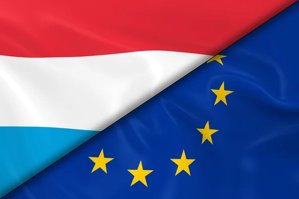 Banderas de Luxemburgo y la Unión Europea Divididas Diagonalmente - Renderizado 3D de la Bandera de Luxemburgo y Bandera de la UE con Textura Seda —  Fotos de Stock
