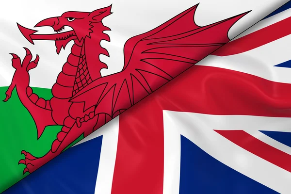 Banderas de Gales y el Reino Unido Divididas Diagonalmente - Renderizado 3D de la Bandera de Gales y Bandera del Reino Unido con Textura Seda — Foto de Stock