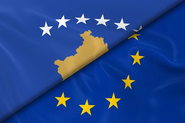 Banderas de Kosovo y la Unión Europea Divididas Diagonalmente: representación 3D de la bandera de Kosovo y la bandera de la UE con textura sedosa —  Fotos de Stock