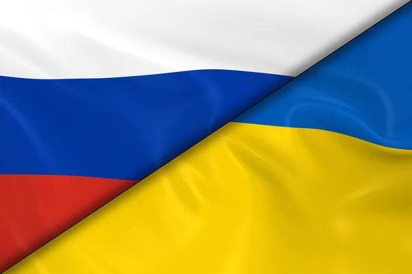 Флаги России и Украины разделились диагонально - 3D Render o — стоковое фото