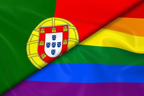 게이 프라이드와 포르투갈 분할 대각선의 국기 - 3d 렌더링 게이 프라이드 무지개 플래그와 부드러운 질감 포르투갈 국기 — 스톡 사진
