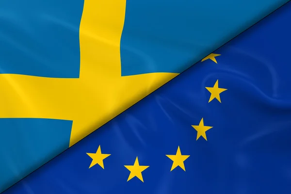 Banderas de Suecia y la Unión Europea Divididas Diagonalmente - Renderizado 3D de la Bandera de Suecia y Bandera de la UE con Textura Seda — Foto de Stock