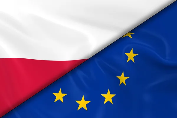 폴란드와 유럽 연합 (EU)의 국기는 대각선으로 분할 - 부드러운 질감 폴란드 국기와 Eu 플래그의 3d 렌더링 — 스톡 사진