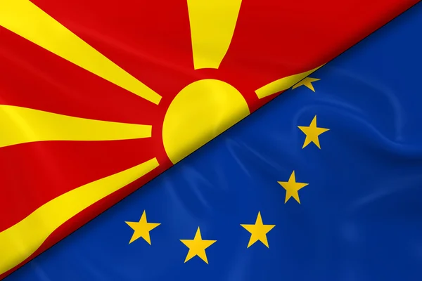 Bandeiras da Macedônia e da União Europeia Divididas Diagonalmente - 3D Render of the Macedonian Flag and EU Flag with Silky Texture — Fotografia de Stock