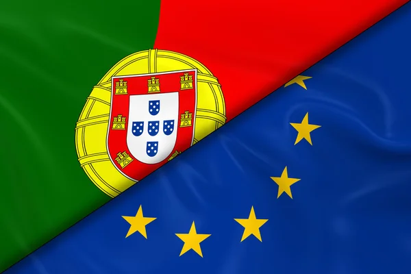 Flagi Portugalii i Unii Europejskiej podzielone ukośnie-3D Render flagi portugalskiej i flagi UE z jedwabistą teksturę — Zdjęcie stockowe