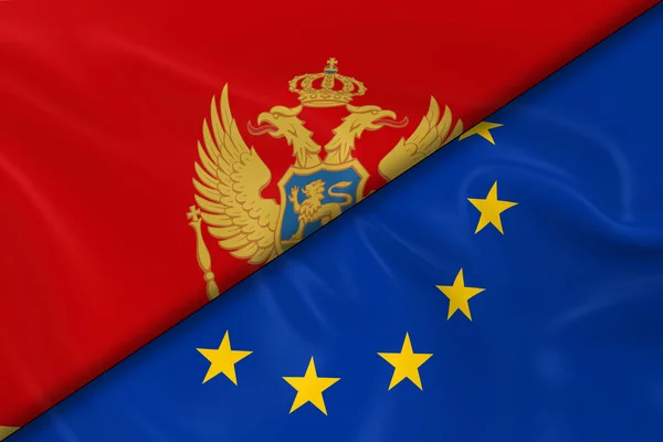 Vlajky Černé hory a Evropské unie rozdělené diagonálně-prostorové vykreslení Černé hory vlajky a vlajky EU se Silky texturou — Stock fotografie