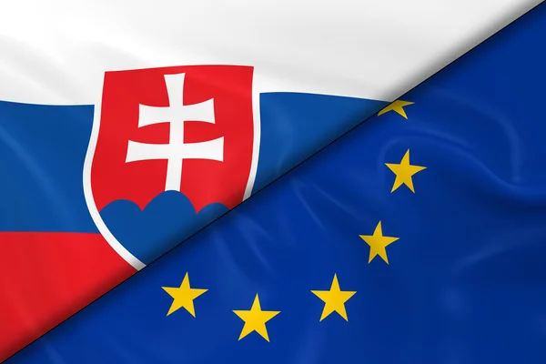 Slovakiens flaggor och Europeiska unionen delade diagonalt-3D göra av den slovakiska flaggan och EU-flaggan med silkeslen konsistens — Stockfoto