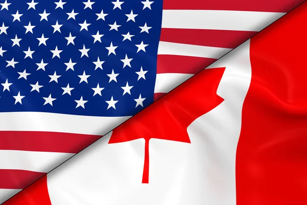 Bandiere degli Stati Uniti e del Canada Diviso Diagonalmente - Render 3D della bandiera americana e della bandiera canadese con texture setosa — Foto Stock