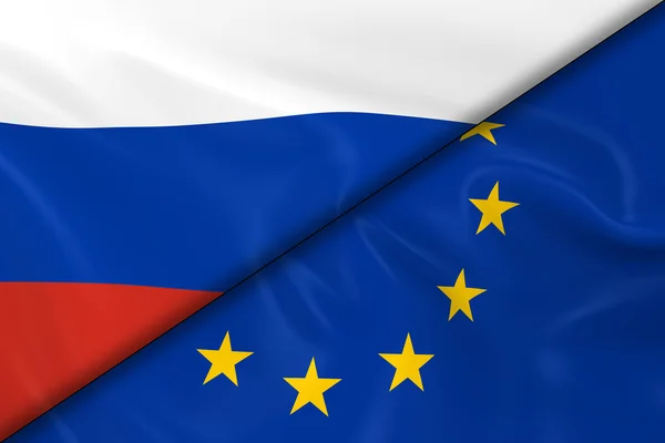 ロシアとヨーロッパの国旗が斜めに分割 - シルキーなテクスチャでロシアの旗とヨーロッパの旗の3Dレンダリング — ストック写真