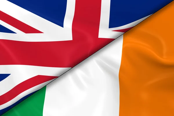 Flaggen des vereinigten Königreichs und Irlands diagonal geteilt - 3D-Darstellung der britischen Flagge und der irischen Flagge mit seidiger Textur — Stockfoto