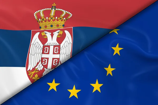 Flags of Serbia and the European Union Divided Diagonally - 3D Render of the Serbian Flag and EU Flag with Silky Texture — Stock Photo, Image