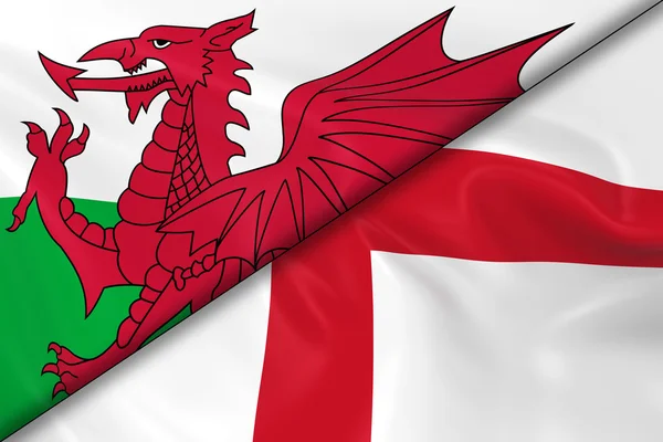 ウェールズとイングランドの国旗分割ウェールズ フラグと絹のような質感を持つ英語のフラグの斜めに 3 d レンダリング — ストック写真