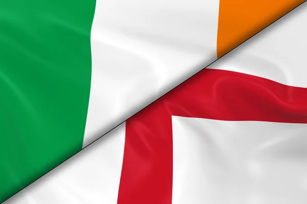 Флаги Ирландии и Англии Divided Diagonally - 3D Render of the Irish Flag and English Flag with Silky Texture — стоковое фото