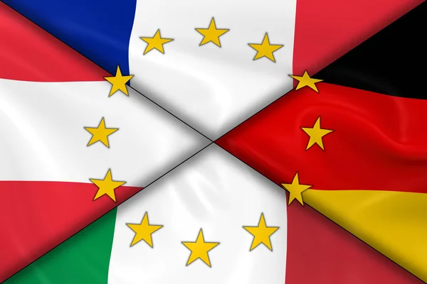 European Flags collage-franska, italienska, österrikiska och tyska flaggor blandade i ett kors med EU-stjärnor överlagt — Stockfoto