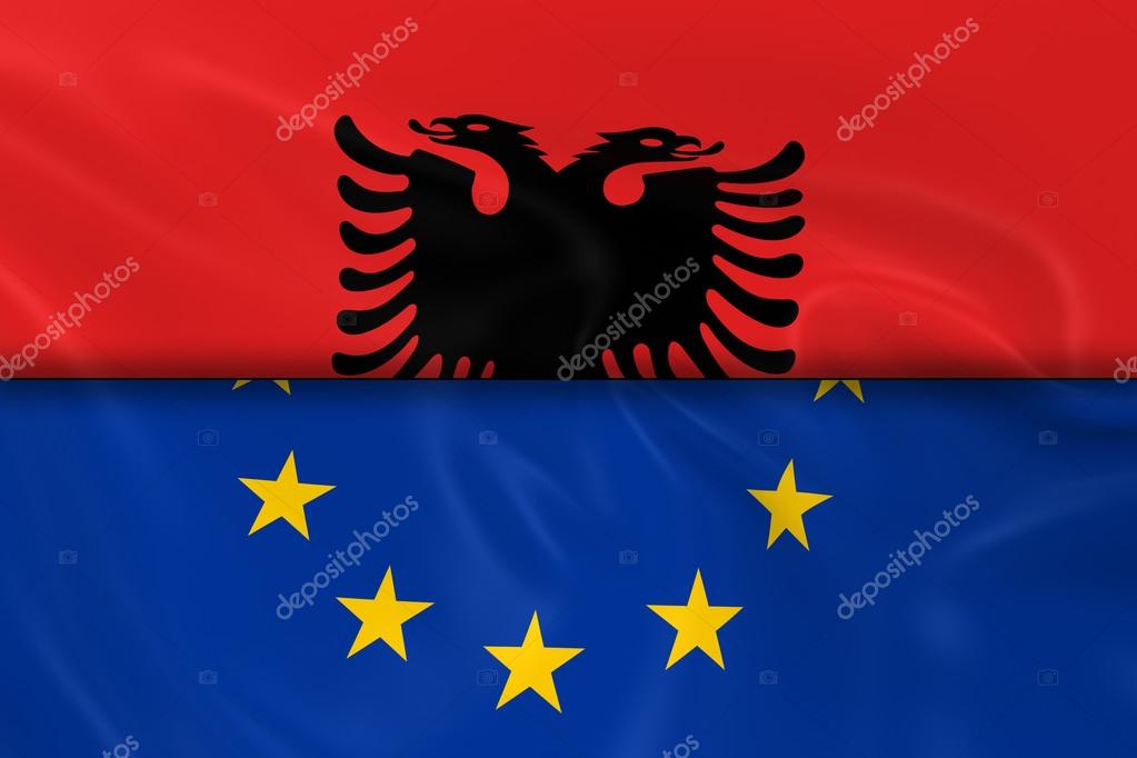 Banderas de Albania y la Unión Europea divididas por la mitad