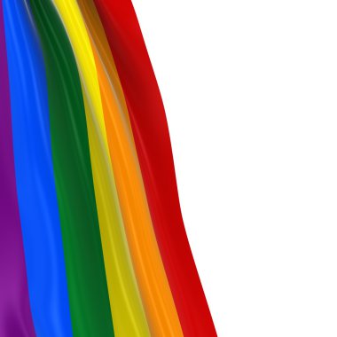 Gökkuşağı bayrağı - 3d Render Eşcinsel gurur Gökkuşağı bayrağı dökümlü boşaltmak için metin ile beyaz arka plan üzerinde asılı