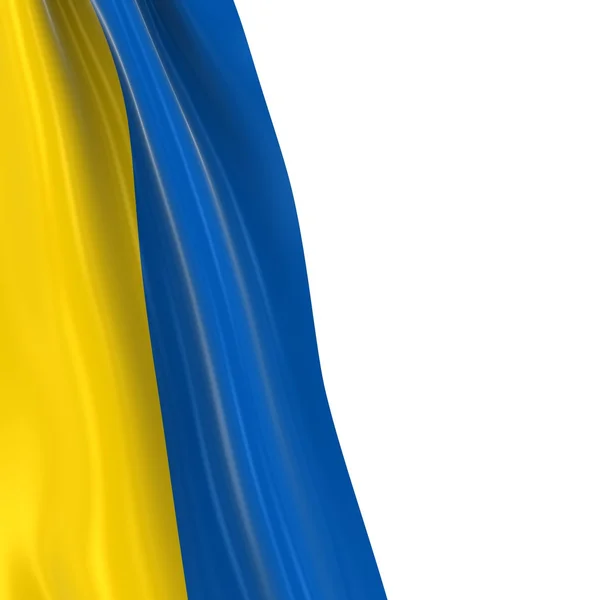 Hängande flagga Ukraina - 3d gör av den ukrainska flagga draperad över vit bakgrund med copyspace för text — Stockfoto