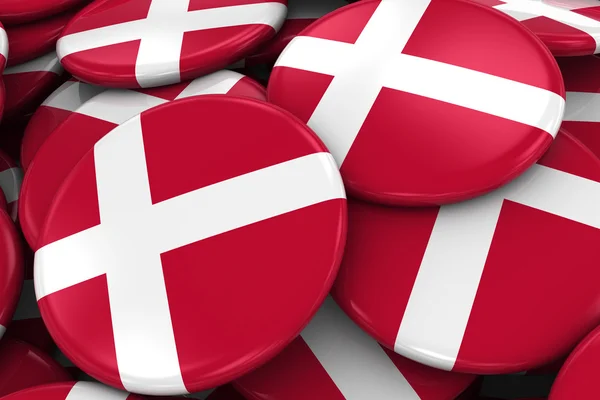 Hromadu dánské vlajky odznaky - vlajka Dánsko tlačítka navršených - 3d ilustrace — Stock fotografie