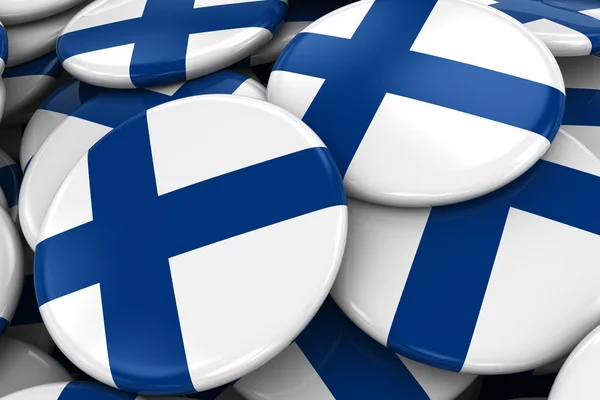 Montón de insignias de bandera finlandesa - Botones de bandera de Finlandia apilados uno encima del otro - Ilustración 3D —  Fotos de Stock