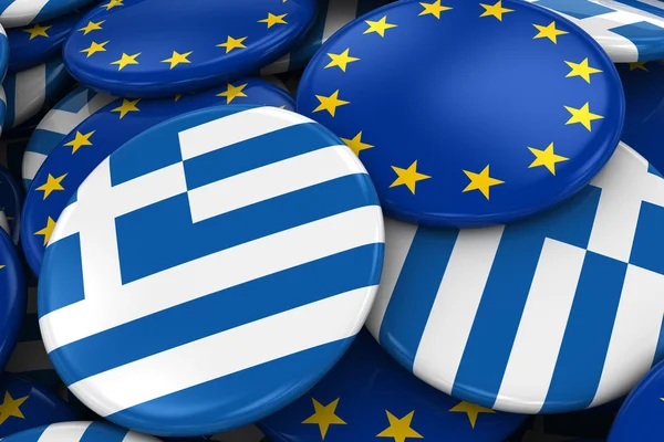 Insignias de bandera de Grecia y Europa en pila - Imagen conceptual para las relaciones griegas y europeas — Foto de Stock