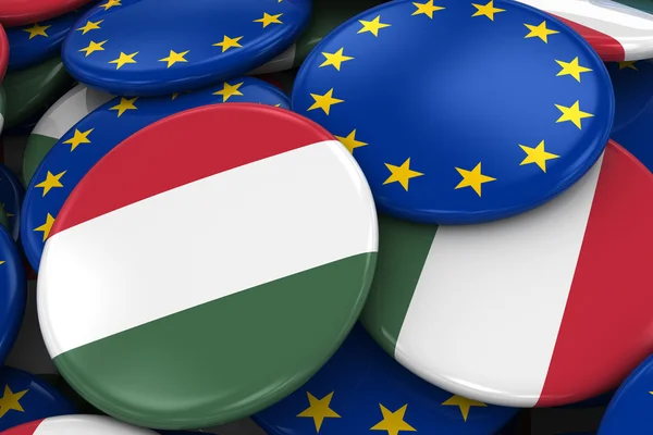Insignias de bandera de Hungría y Europa en pila - Imagen conceptual para las relaciones húngaras y europeas - Ilustración 3D —  Fotos de Stock