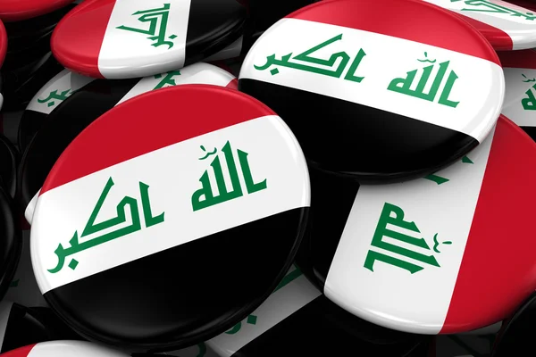 堆伊拉克国旗徽章 - 伊拉克国旗按钮堆在彼此之上 - 3d插图 — 图库照片