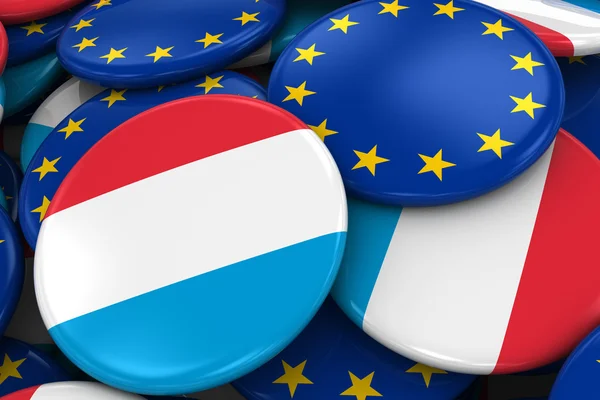 Vlag van Badges van Luxemburg en Europa op stapel - Concept afbeelding voor Luxemburgse en Europese betrekkingen - 3d illustratie — Stockfoto