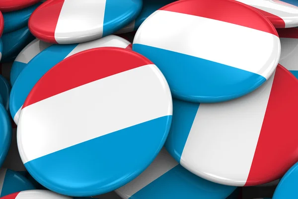 Stos luksemburskich plakietek flag-flaga Luksemburga przyciski ułożone na szczycie siebie-ilustracja 3D — Zdjęcie stockowe