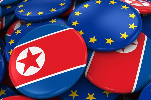 북한의 배지와 더미-북한에 대 한 컨셉 이미지와 유럽 관계-3d 일러스트에서 유럽 깃발 — 스톡 사진