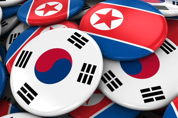 한국 국기 배지와 북한-남한 및 북한 관계에 대 한 개념 이미지 더미에 — 스톡 사진