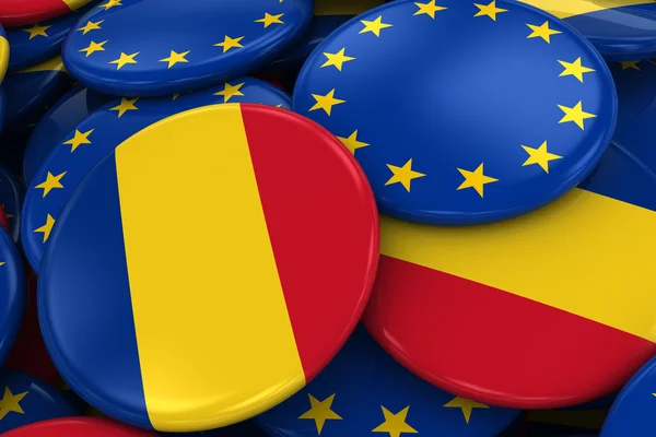 Vlag van Badges van Roemenië en Europa op stapel - Concept afbeelding voor Roemeens en Europese betrekkingen - 3d illustratie — Stockfoto