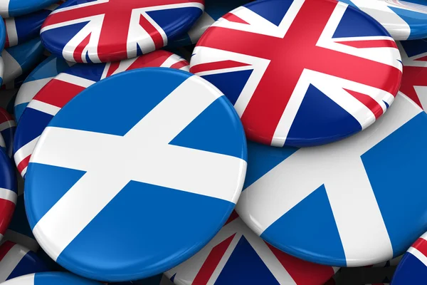 Flag Badges of Scotland and UK in Pile - Concept image for Scottish and British Relations - 3D Illustration — Stock Photo, Image