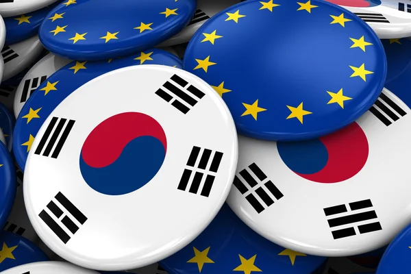 한국 배지와 더미-한국에 대 한 컨셉 이미지와 유럽 관계-3d 일러스트에서 유럽 깃발 — 스톡 사진