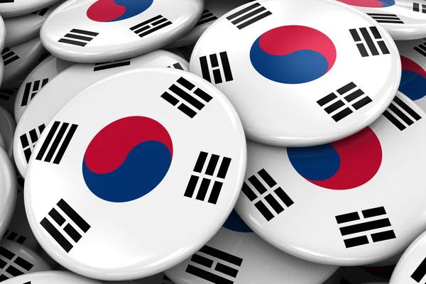 Pile of South Korean Flag Badges - Bandiera della Corea del Sud Pulsanti sovrapposti — Foto Stock