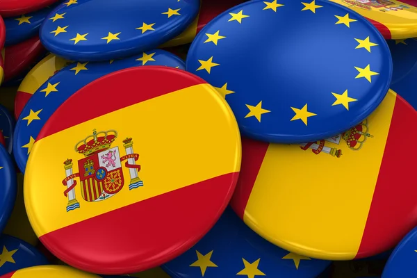 Vlag Badges van Spanje en Europa op stapel - Concept afbeelding voor Spaanse en Europese betrekkingen — Stockfoto