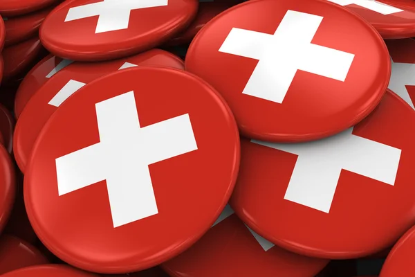 Pile of Swiss Flag Badges - Flag of Switzerland Buttons piled on top of each other - 3D Illustration — Stock Photo, Image