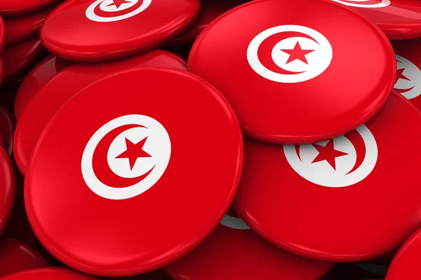 Σωρός της Τυνησίας σημαία κονκάρδες - σημαία της Τυνησίας κουμπιά συσσωρεύονται στην κορυφή από κάθε άλλο - 3d απεικόνιση — Φωτογραφία Αρχείου