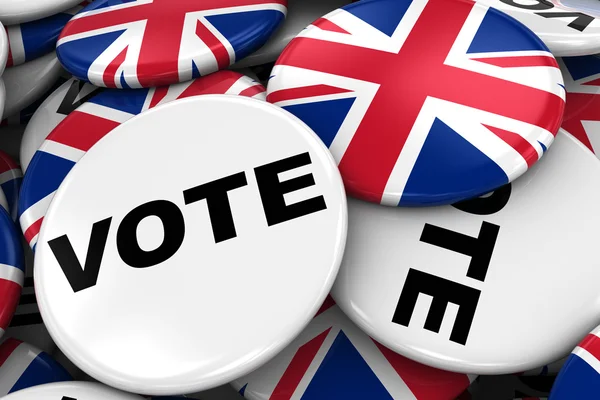 UK Elections Concept Image - Mix of Vote and British Flag Badges in Pile - 3D Illustration — Stock Photo, Image