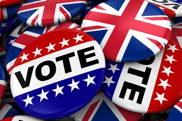 Imagen del concepto electoral del Reino Unido - Mezcla de votos e insignias de bandera británica en la pila - Ilustración 3D — Foto de Stock
