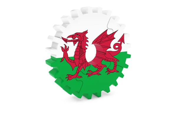 威尔斯工业概念-威尔斯国旗3D齿轮拼图 — 图库照片