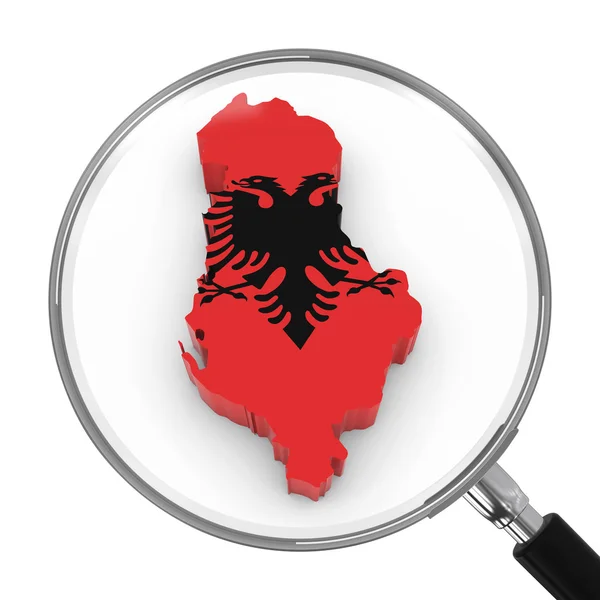 Albanië onder Vergrootglas-Albanese vlag kaart overzicht-3D illustratie — Stockfoto