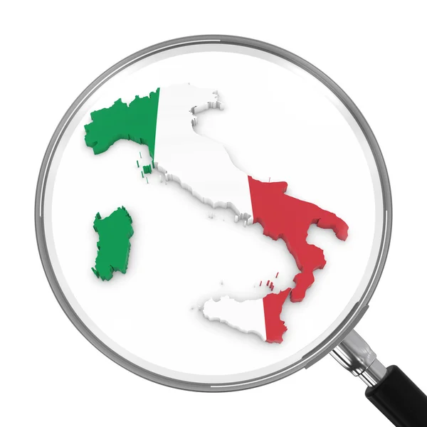 Italy under Magnifying Glass - Italian Flag Map Outline - 3D Illustration — Stock Photo, Image