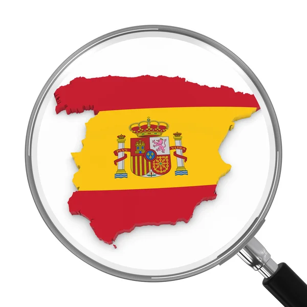 西班牙下放大镜-西班牙国旗地图概述-3d 图 — 图库照片