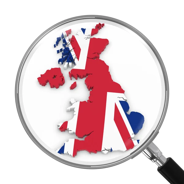 Reino Unido bajo lupa - Mapa de la bandera británica - Ilustración 3D — Foto de Stock